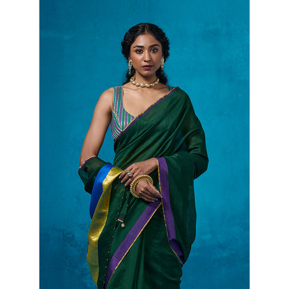 Dressfolk Handloom Chanderi Dark Green With Gold Zari Work Saree with Unstitched Blouse