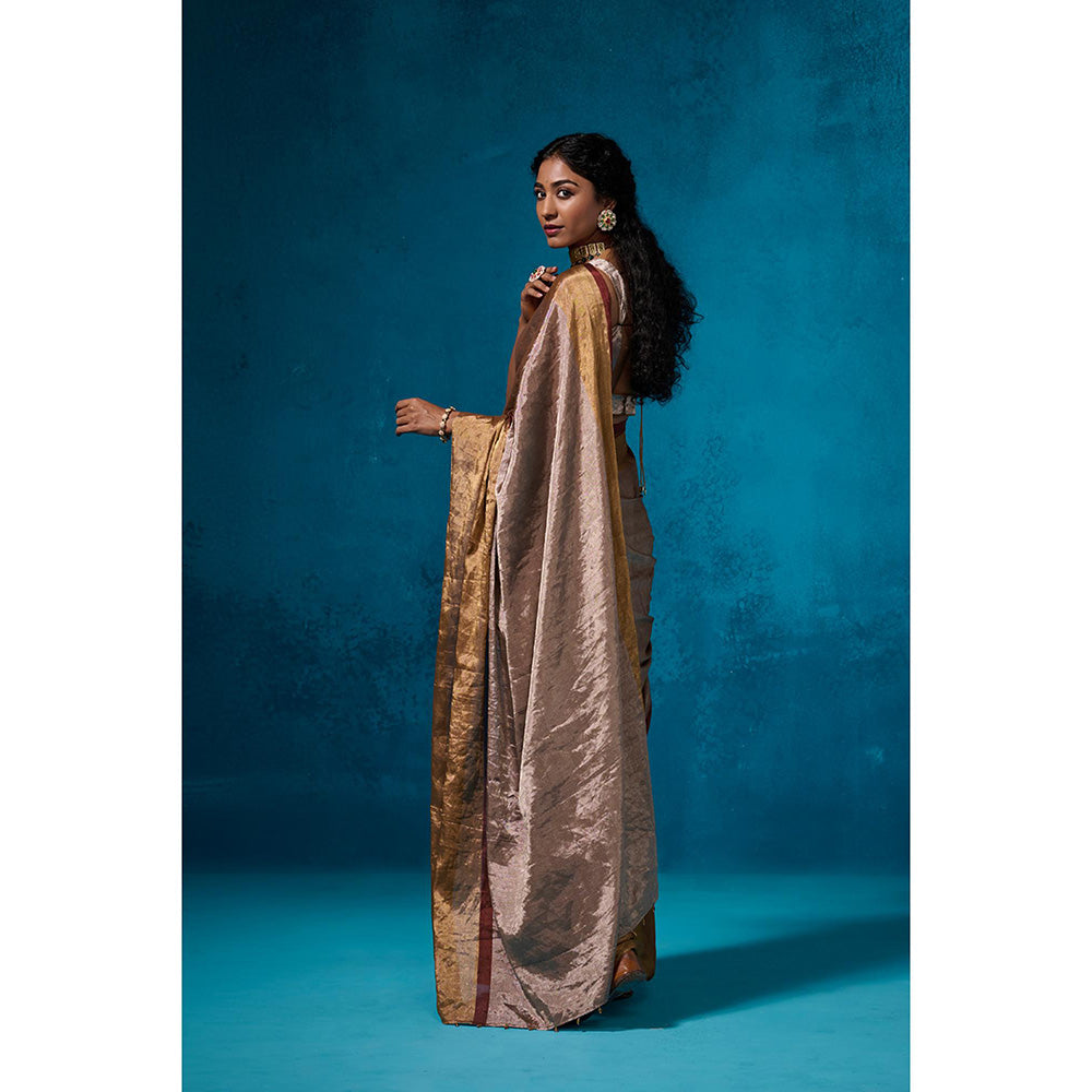 Dressfolk Handwoven Tissue Maroon Zari Border Saree With Matching Unstitched Blouse