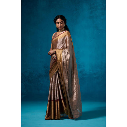 Dressfolk Handwoven Tissue Maroon Zari Border Saree With Matching Unstitched Blouse