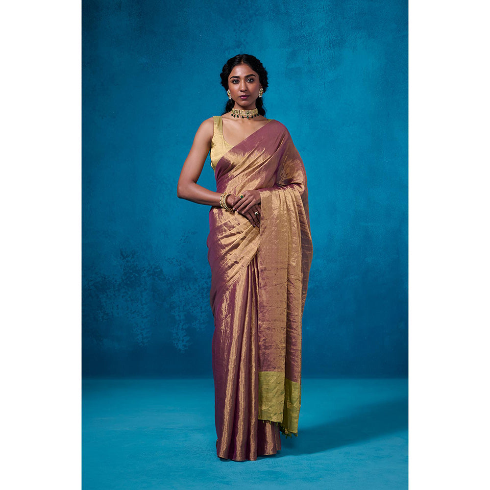 Dressfolk Handwoven Tissue Maroon Silver Zari Green Saree With Matching Unstitched Blouse