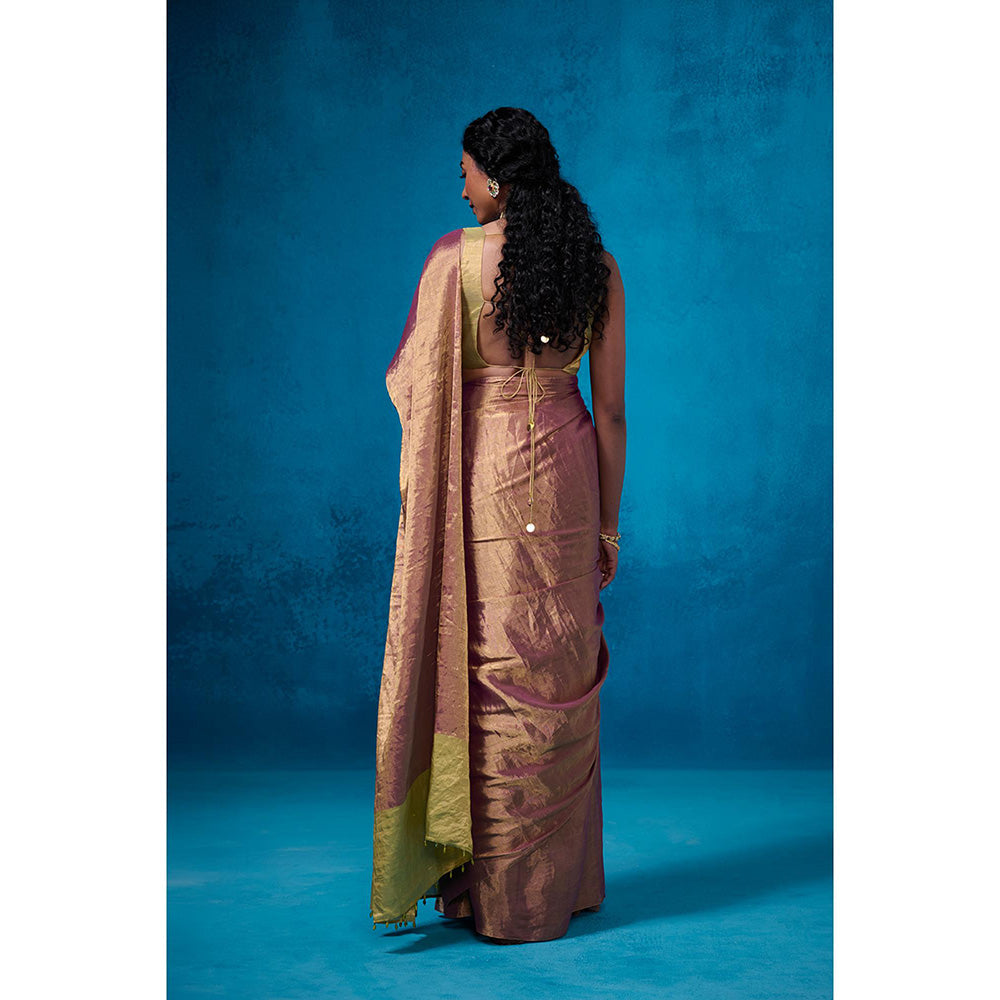 Dressfolk Handwoven Tissue Maroon Silver Zari Green Saree With Matching Unstitched Blouse