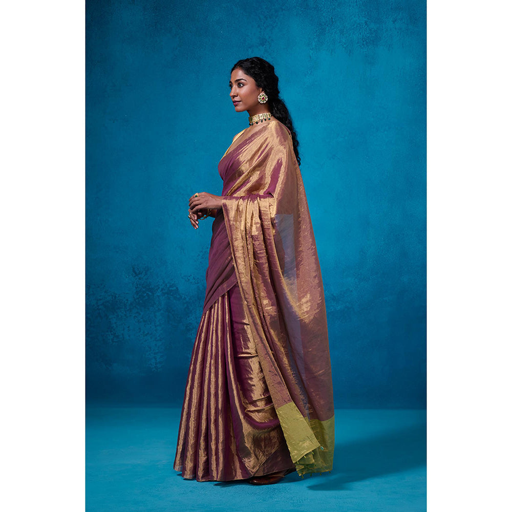 Dressfolk Handwoven Tissue Maroon Silver Zari Green Saree With Matching Unstitched Blouse