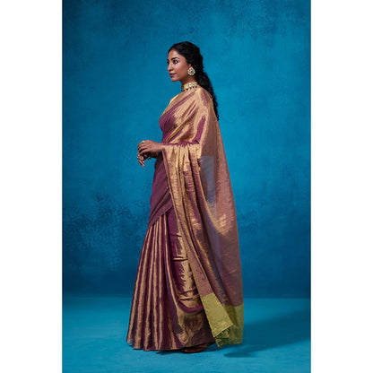 Dressfolk Handwoven Tissue Maroon Silver Zari Green Saree With Matching Unstitched Blouse