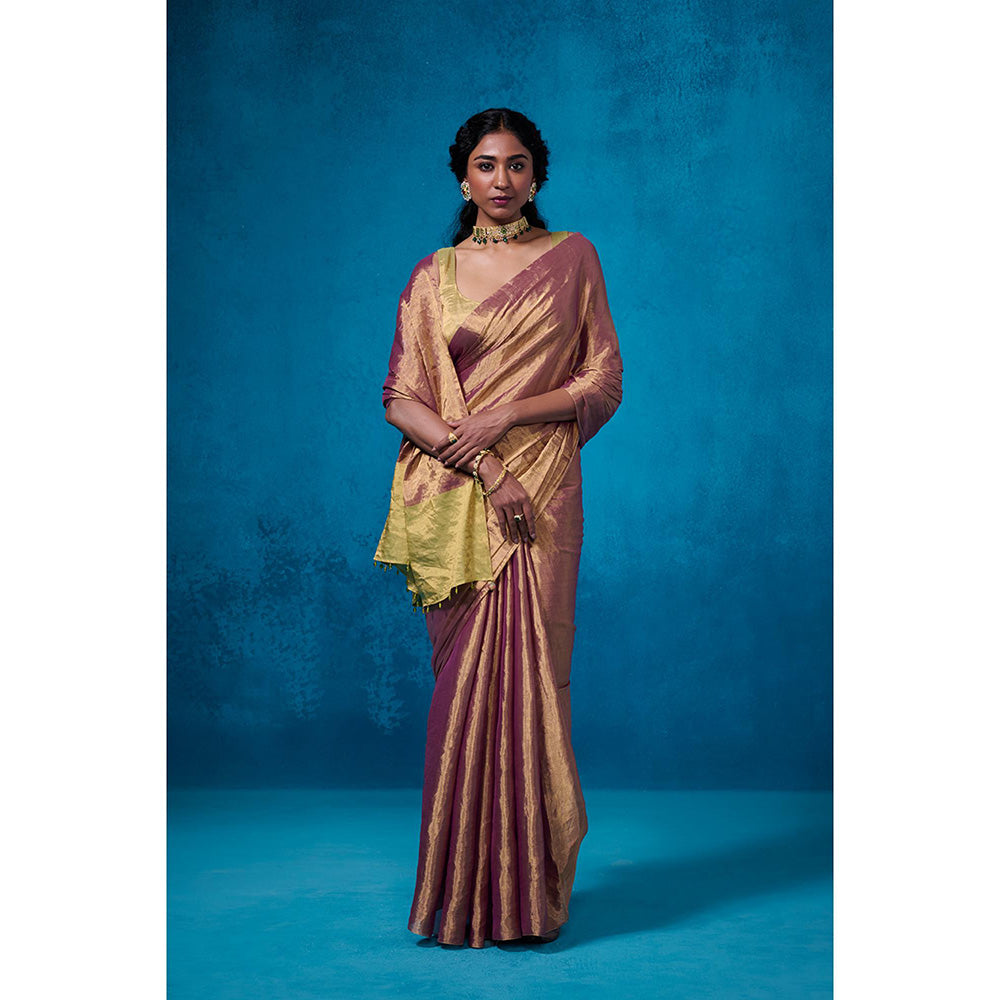 Dressfolk Handwoven Tissue Maroon Silver Zari Green Saree With Matching Unstitched Blouse