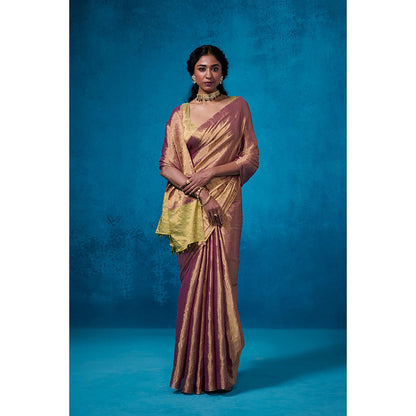 Dressfolk Handwoven Tissue Maroon Silver Zari Green Saree With Matching Unstitched Blouse