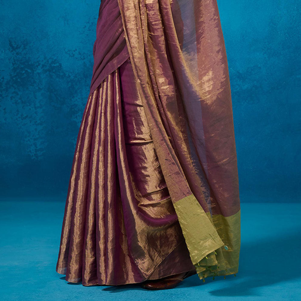 Dressfolk Handwoven Tissue Maroon Silver Zari Green Saree With Matching Unstitched Blouse