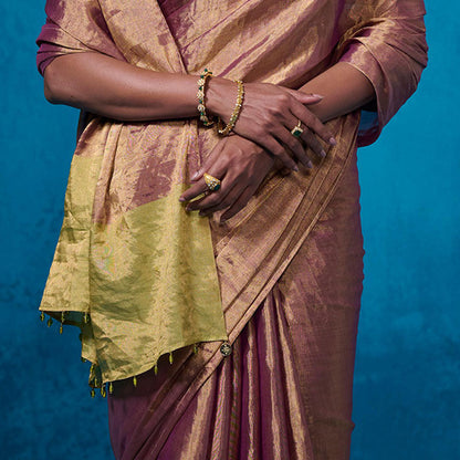 Dressfolk Handwoven Tissue Maroon Silver Zari Green Saree With Matching Unstitched Blouse