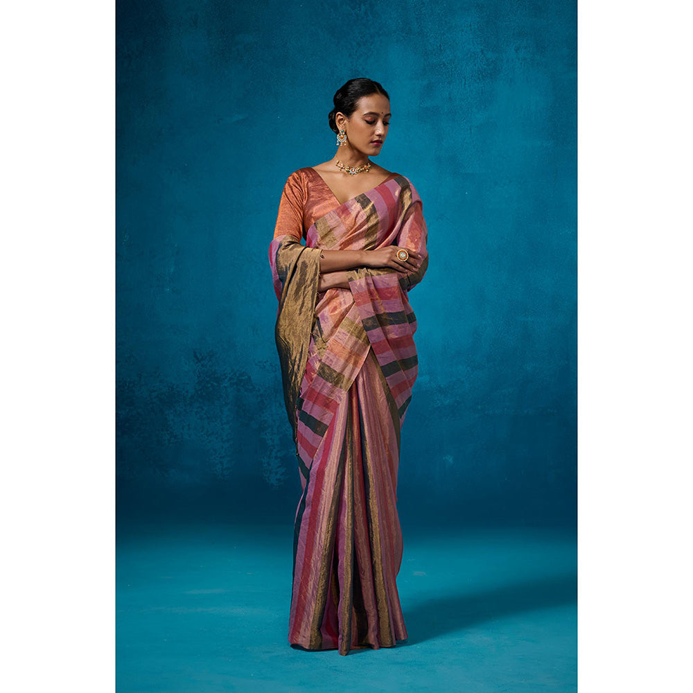 Dressfolk Handwoven Tissue Multi Color Stripes On Gold Zari Base Saree With Unstitched Blouse