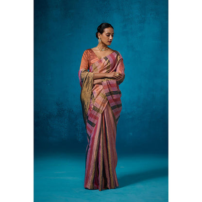 Dressfolk Handwoven Tissue Multi Color Stripes On Gold Zari Base Saree With Unstitched Blouse
