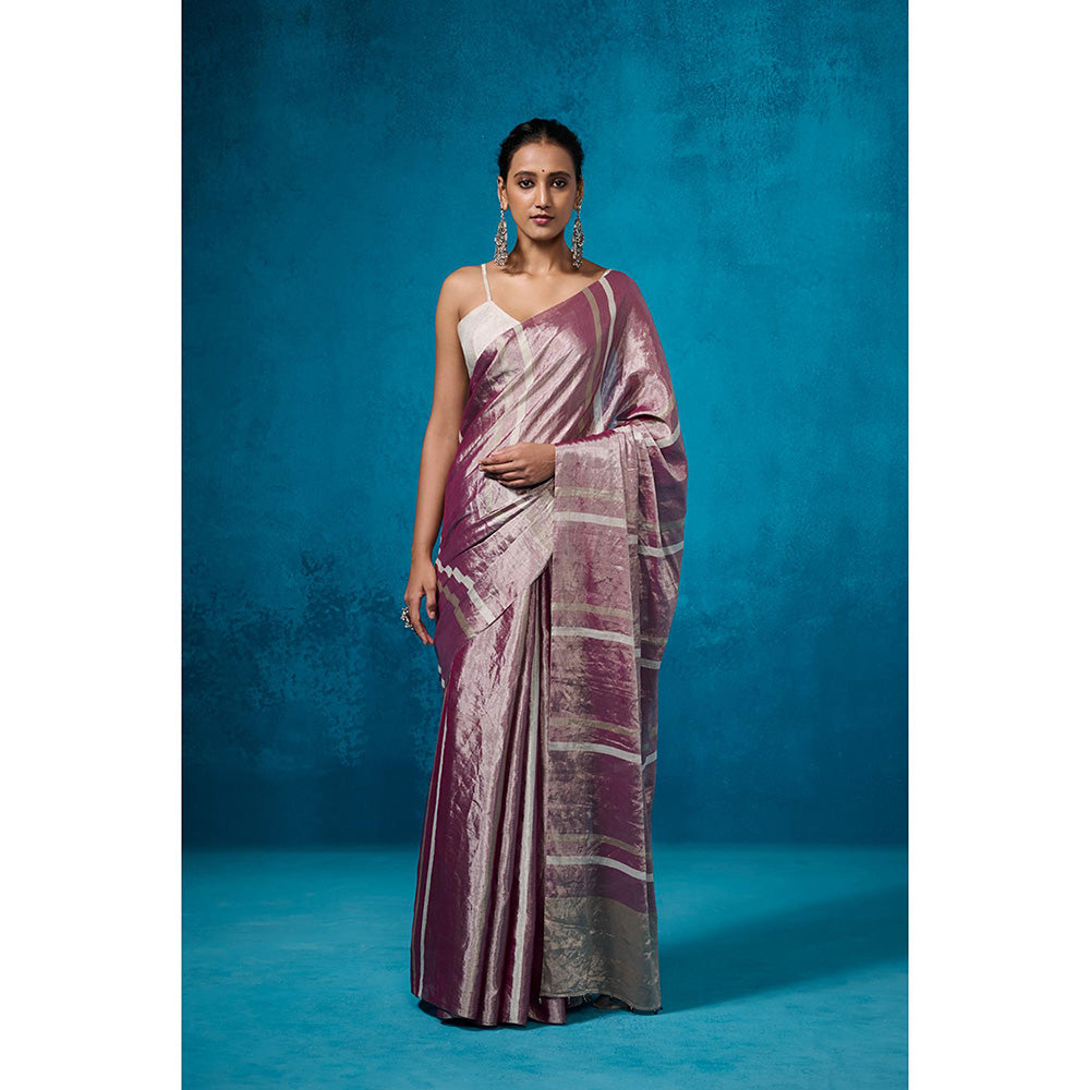 Dressfolk Handwoven Tissue Purple With Silver Zari Base Saree With Matching Unstitched Blouse