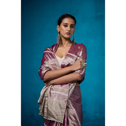 Dressfolk Handwoven Tissue Purple With Silver Zari Base Saree With Matching Unstitched Blouse