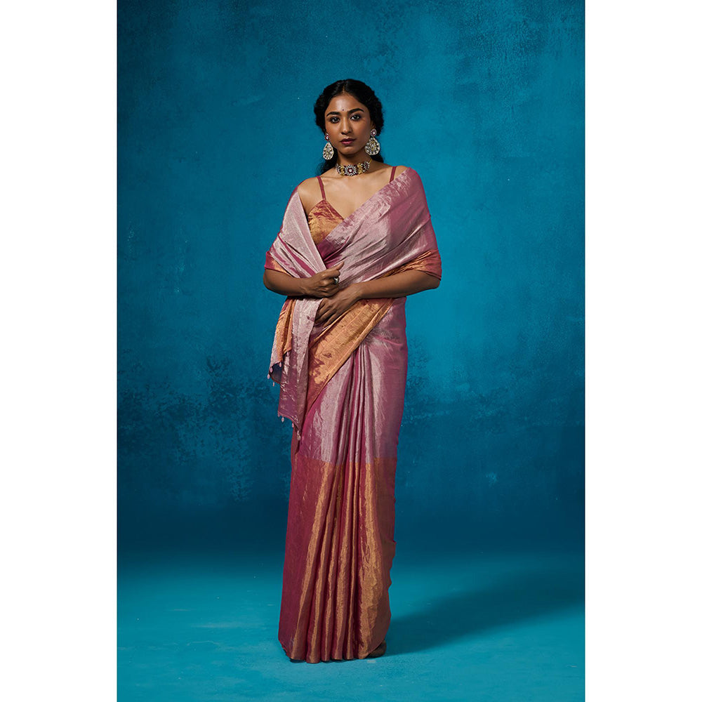 Dressfolk Handwoven Tissue Gold Zari Base Pink Orange Blocks Saree With Matching Unstitched Blouse