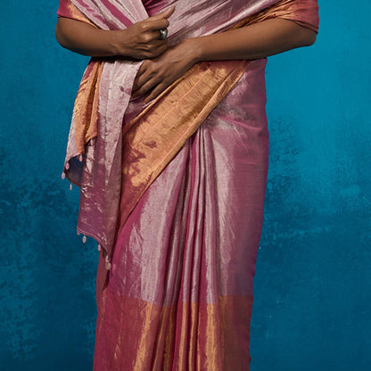 Dressfolk Handwoven Tissue Gold Zari Base Pink Orange Blocks Saree With Matching Unstitched Blouse