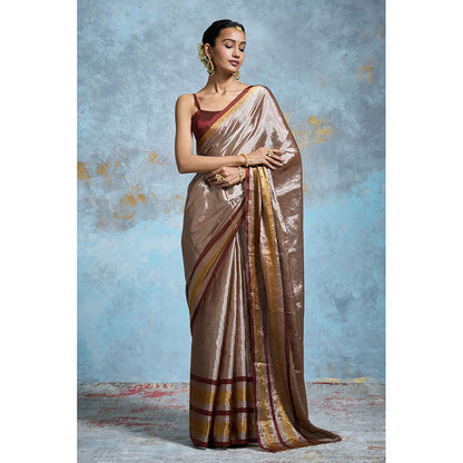 Dressfolk Handloom Taupe Tissue Maroon Border Saree with Unstitched Blouse