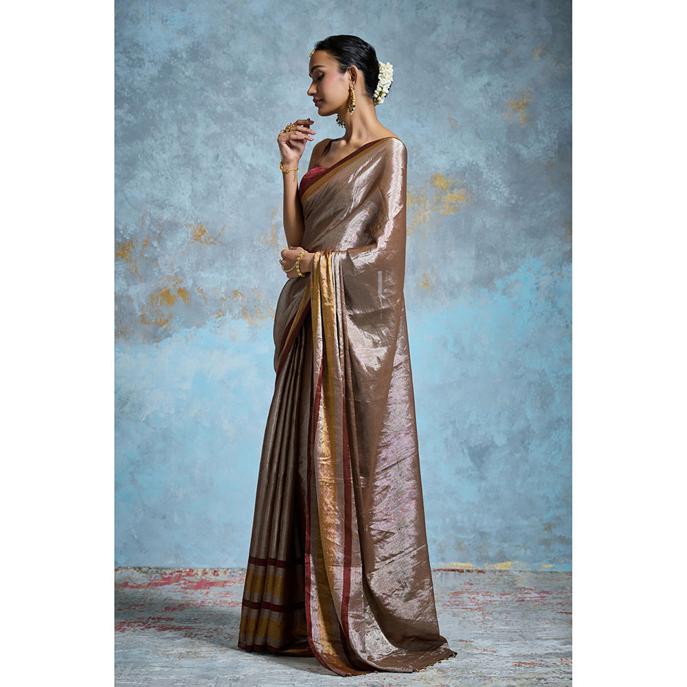 Dressfolk Handloom Taupe Tissue Maroon Border Saree with Unstitched Blouse