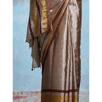 Dressfolk Handloom Taupe Tissue Maroon Border Saree with Unstitched Blouse