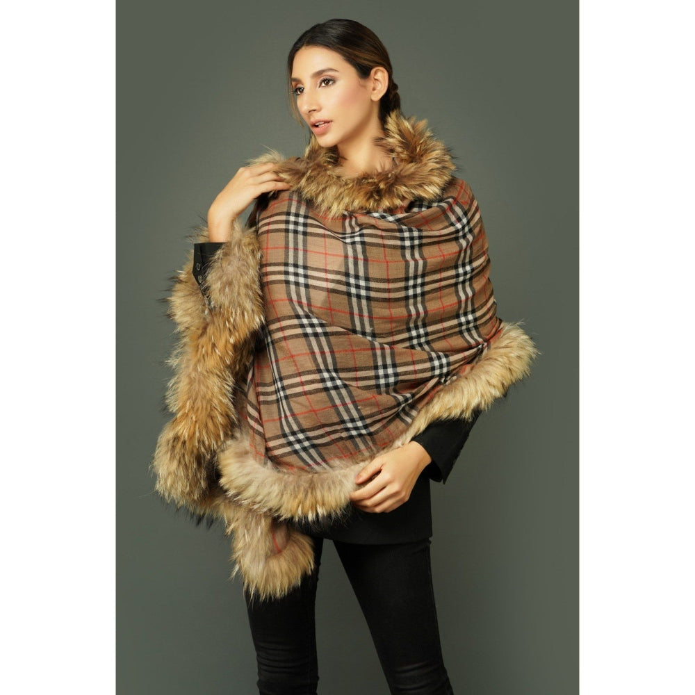 Dusala India Pashmina Brown Fur Border Stole In Checks Design