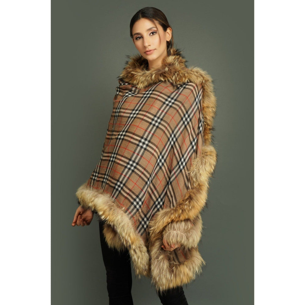 Dusala India Pashmina Brown Fur Border Stole In Checks Design