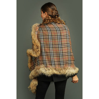 Dusala India Pashmina Brown Fur Border Stole In Checks Design