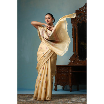 Dusala India Petal Handwoven Gold Kosi Silk Saree with Unstitched Blouse