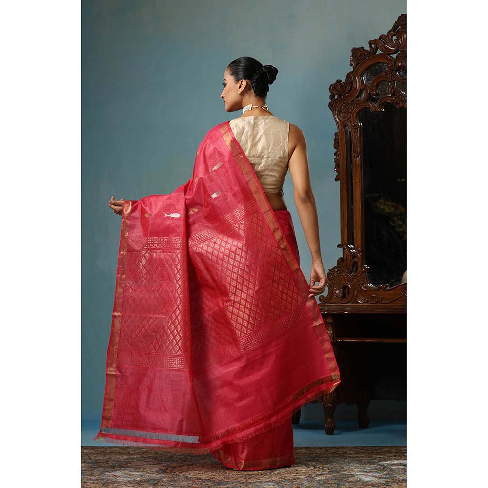 Dusala India Orchid Handwoven Pink Saree with Unstitched Blouse
