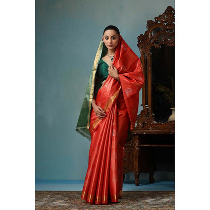 Dusala India Jasmine Handwoven Orange Kosi Silk Mark Saree with Unstitched Blouse