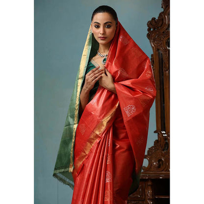 Dusala India Jasmine Handwoven Orange Kosi Silk Mark Saree with Unstitched Blouse