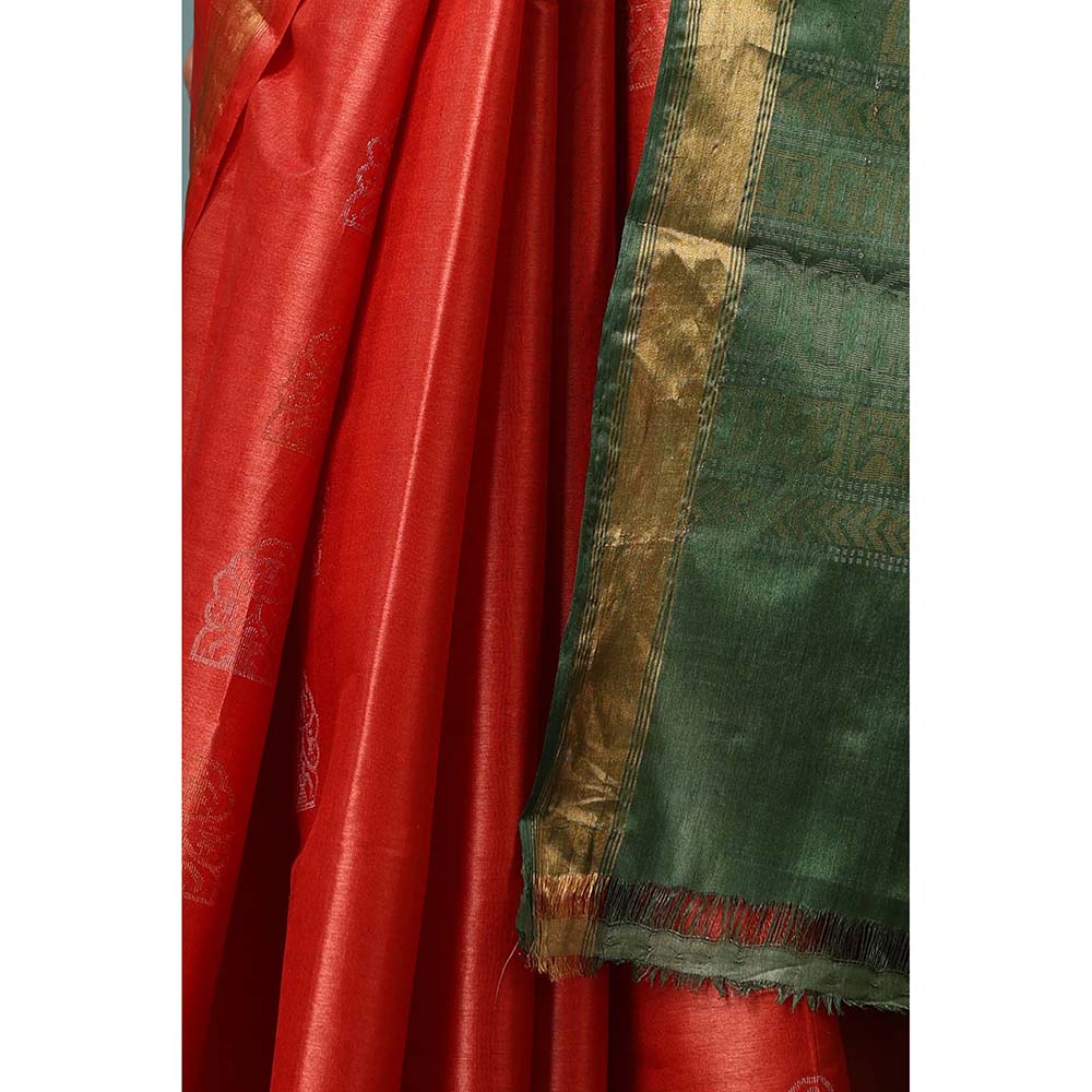 Dusala India Jasmine Handwoven Orange Kosi Silk Mark Saree with Unstitched Blouse