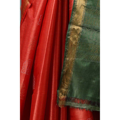 Dusala India Jasmine Handwoven Orange Kosi Silk Mark Saree with Unstitched Blouse