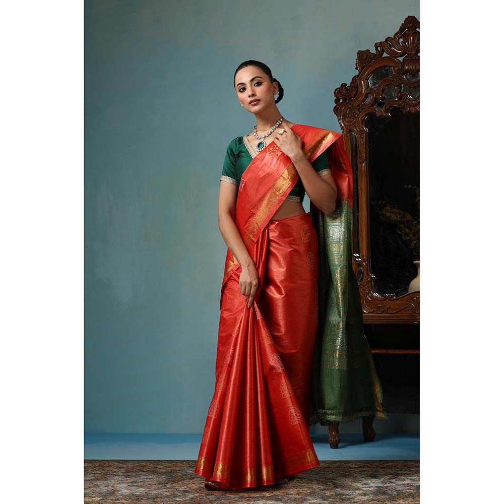 Dusala India Jasmine Handwoven Orange Kosi Silk Mark Saree with Unstitched Blouse
