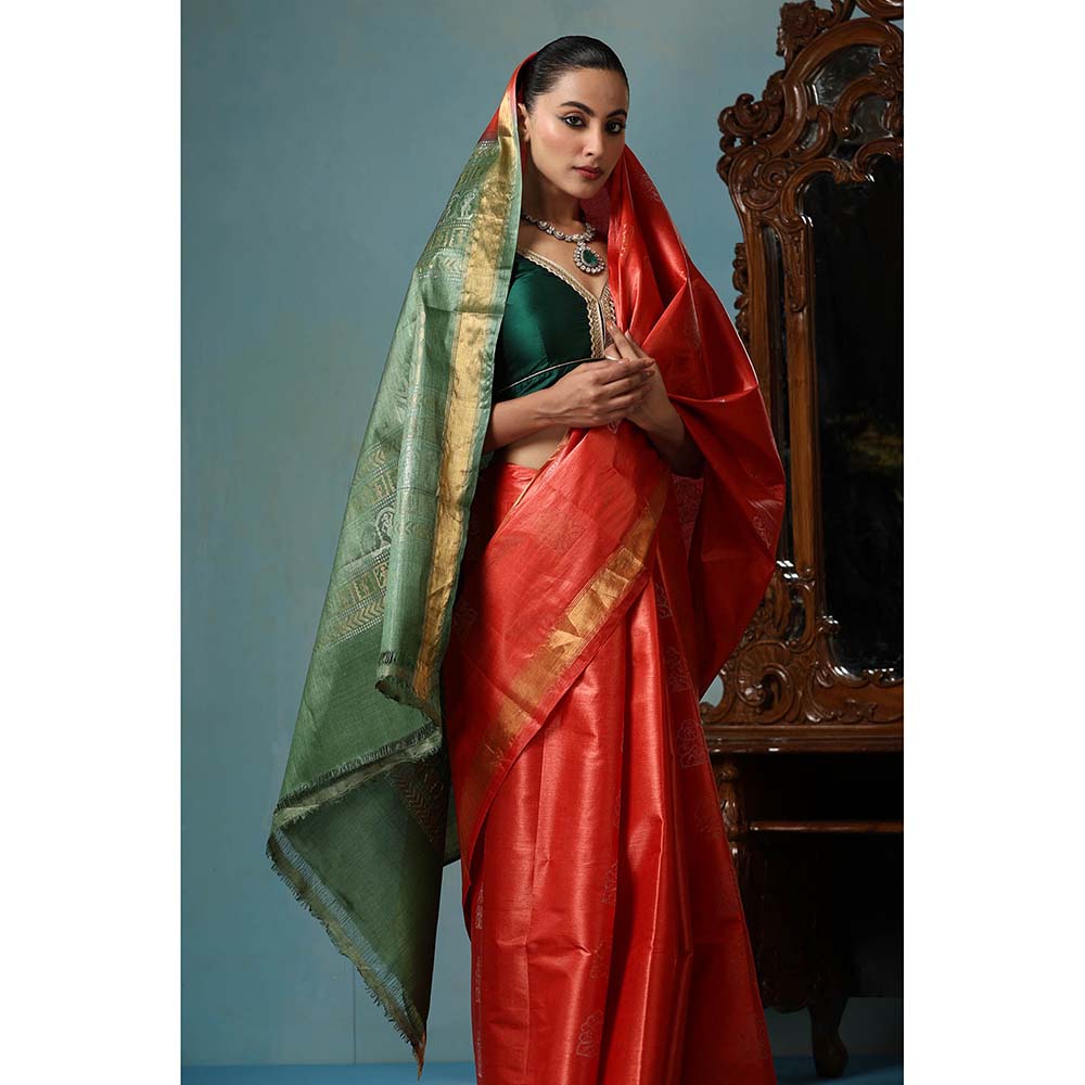Dusala India Jasmine Handwoven Orange Kosi Silk Mark Saree with Unstitched Blouse