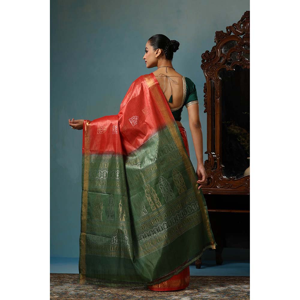 Dusala India Jasmine Handwoven Orange Kosi Silk Mark Saree with Unstitched Blouse