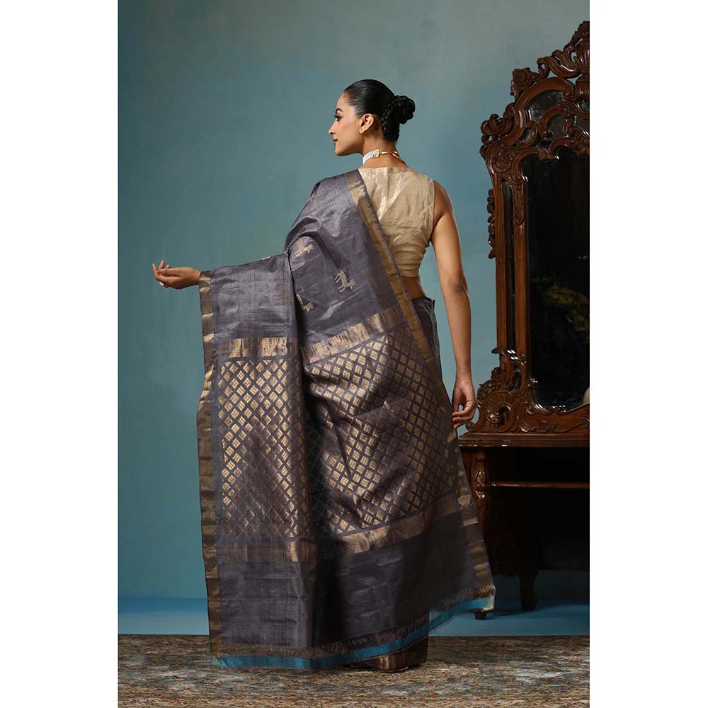 Dusala India Tulip Handwoven Grey Kosi Silk Mark Saree with Unstitched Blouse