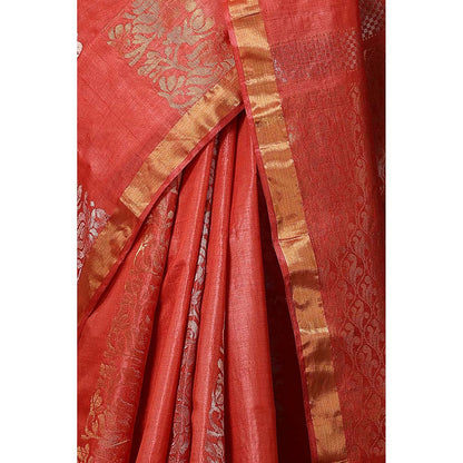 Dusala India Handwoven Red Kosi Silk Mark Saree with Unstitched Blouse