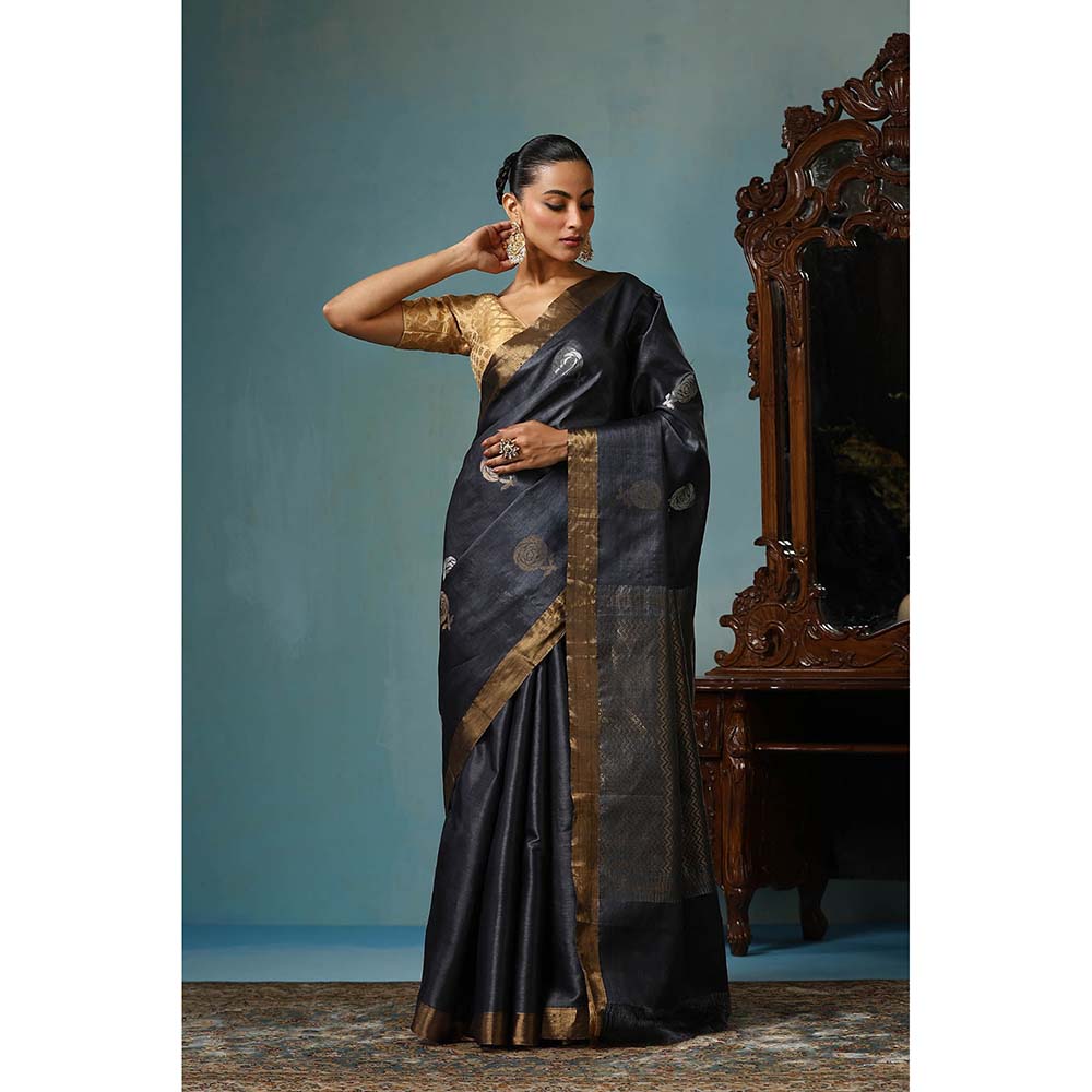 Dusala India Camellia Handwoven Dark Grey Kosi Silk Mark Saree with Unstitched Blouse