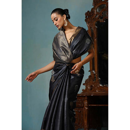 Dusala India Camellia Handwoven Dark Grey Kosi Silk Mark Saree with Unstitched Blouse