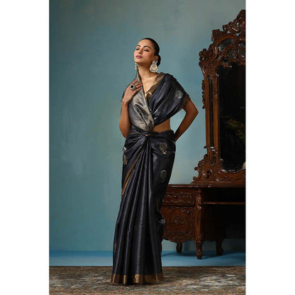 Dusala India Camellia Handwoven Dark Grey Kosi Silk Mark Saree with Unstitched Blouse