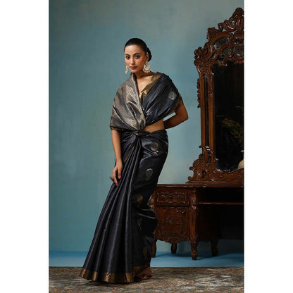 Dusala India Camellia Handwoven Dark Grey Kosi Silk Mark Saree with Unstitched Blouse