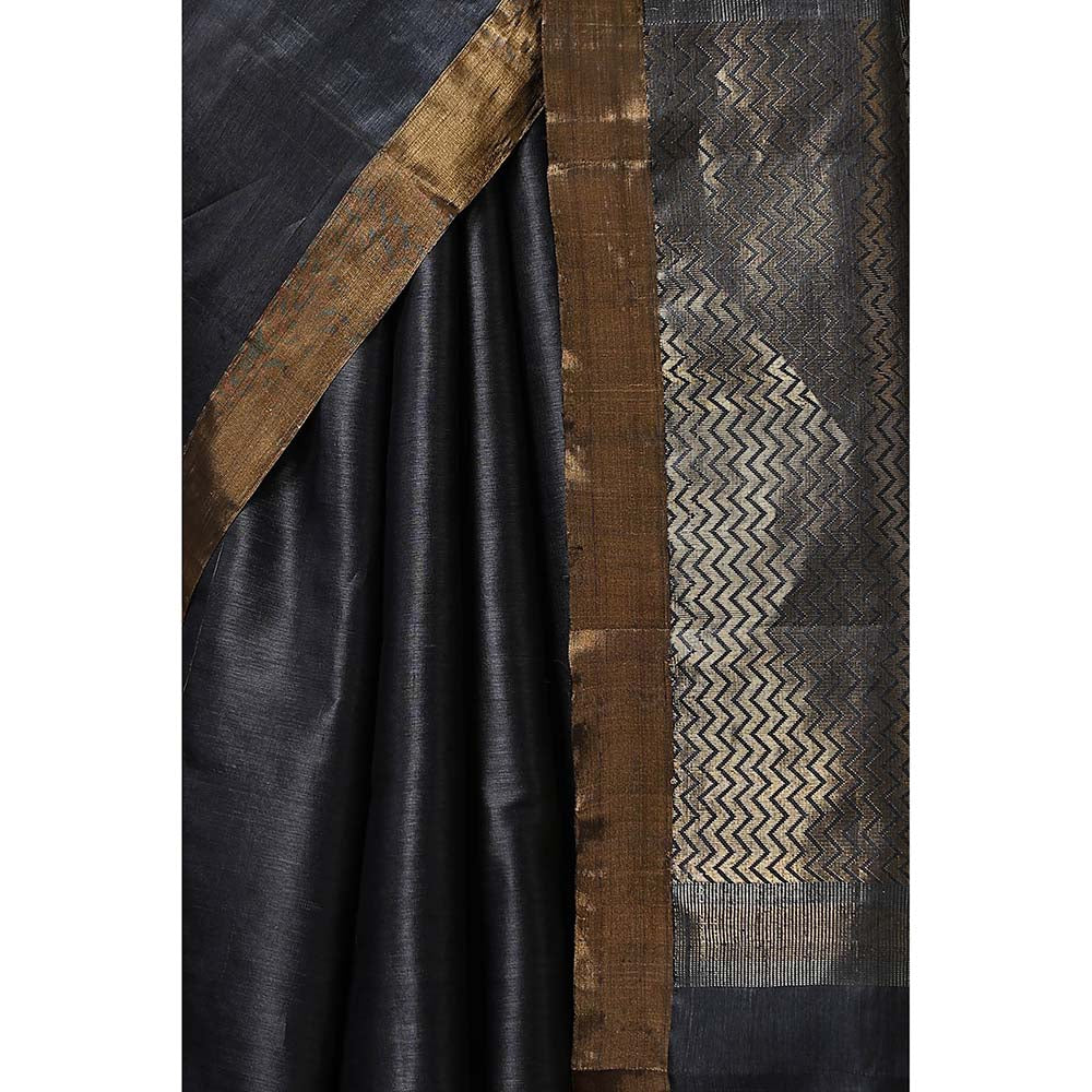 Dusala India Camellia Handwoven Dark Grey Kosi Silk Mark Saree with Unstitched Blouse