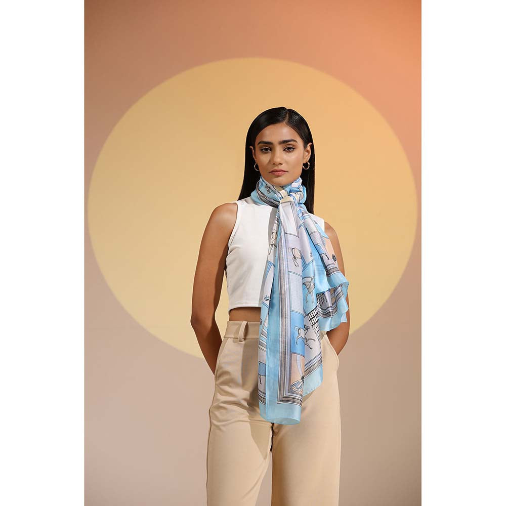 Dusala India Blue Printed Siani Silk Scarf