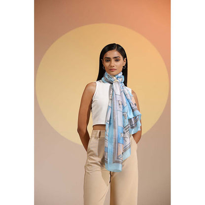 Dusala India Blue Printed Siani Silk Scarf