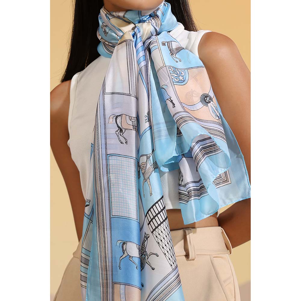 Dusala India Blue Printed Siani Silk Scarf