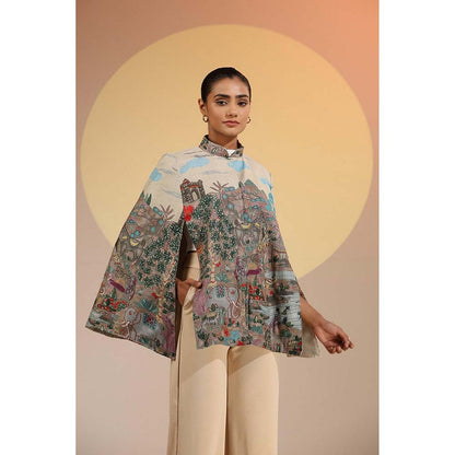 Dusala India Roxane Fine Wool Silk Kalamkari Cape - Beige