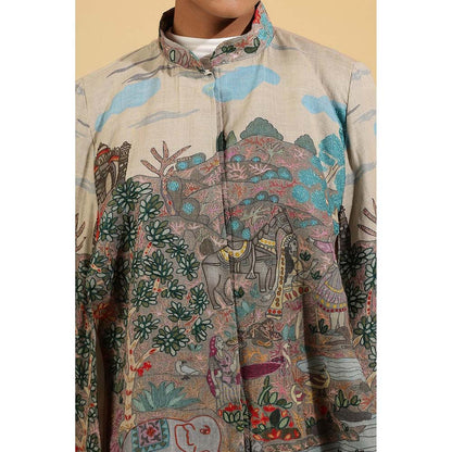 Dusala India Roxane Fine Wool Silk Kalamkari Cape - Beige