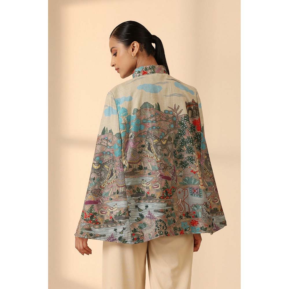 Dusala India Roxane Fine Wool Silk Kalamkari Cape - Beige