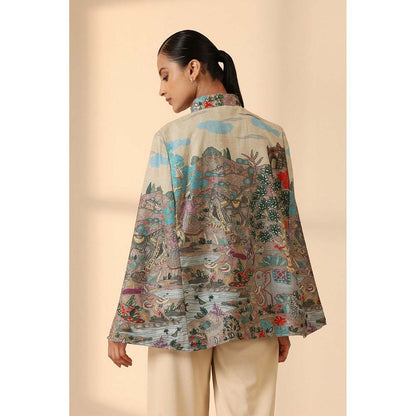 Dusala India Roxane Fine Wool Silk Kalamkari Cape - Beige