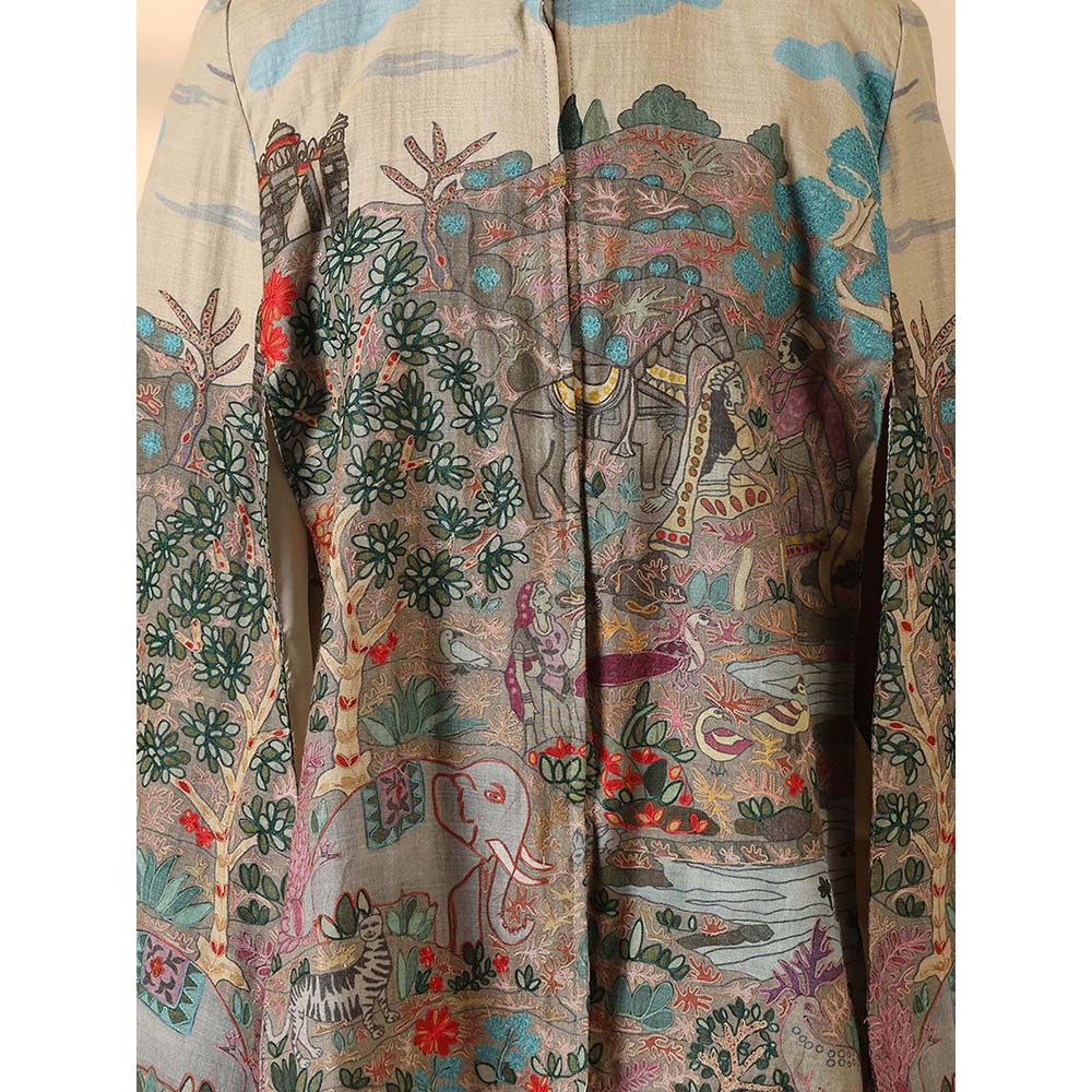 Dusala India Roxane Fine Wool Silk Kalamkari Cape - Beige