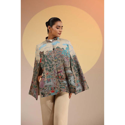 Dusala India Roxane Fine Wool Silk Kalamkari Cape - Beige