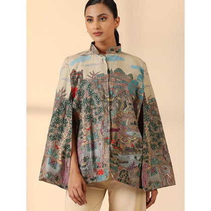Dusala India Roxane Fine Wool Silk Kalamkari Cape - Beige