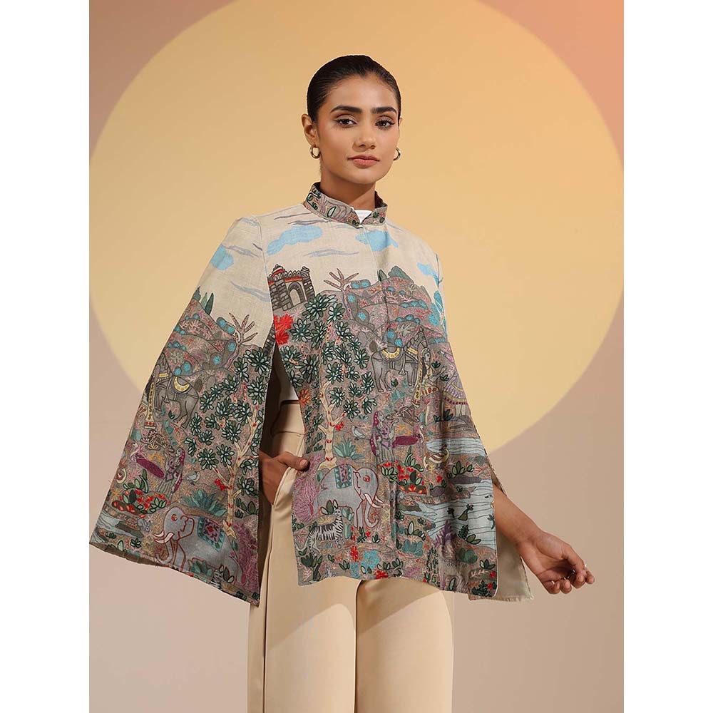 Dusala India Roxane Fine Wool Silk Kalamkari Cape - Beige